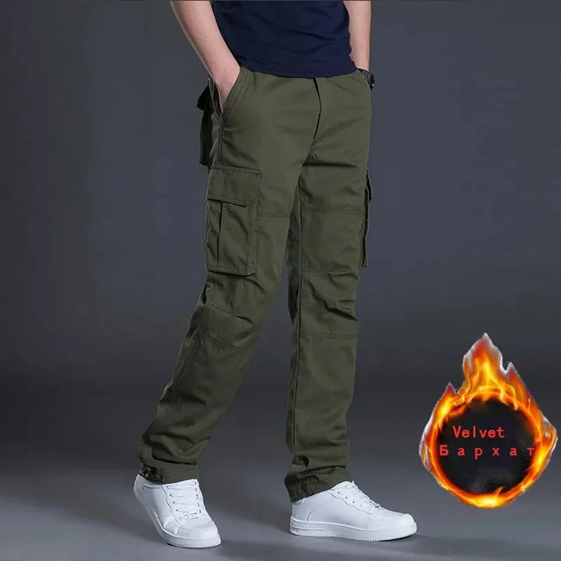 

New Men Winter Fleece Warm Cargo Pants Loose Straight Multi-pocket Overalls Tactical Thick Trousers Casual Cotton