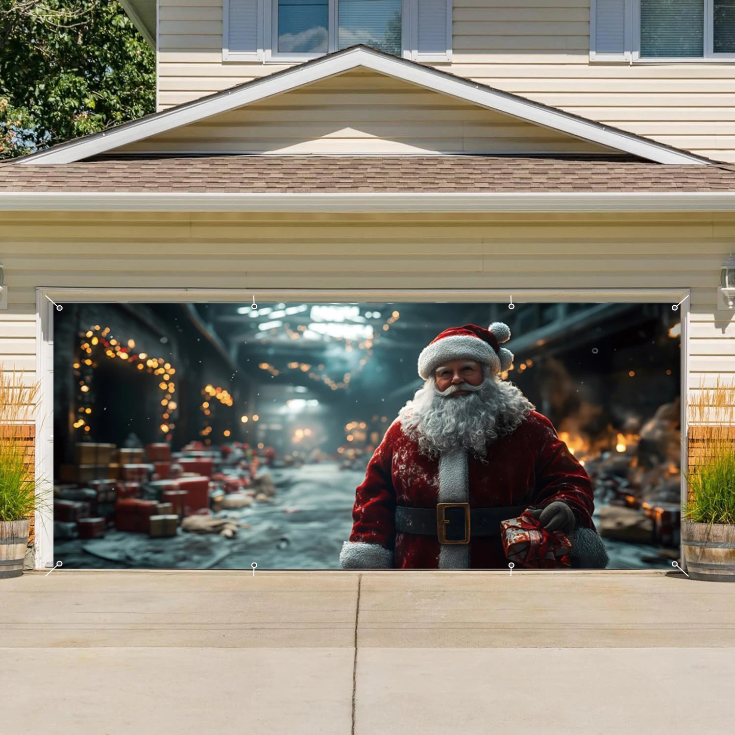 Winter Christmas Garage Door Decoration Banner AI Santa Claus Gift Warehouse Large Outdoor Backdrop Christmas Photo Background