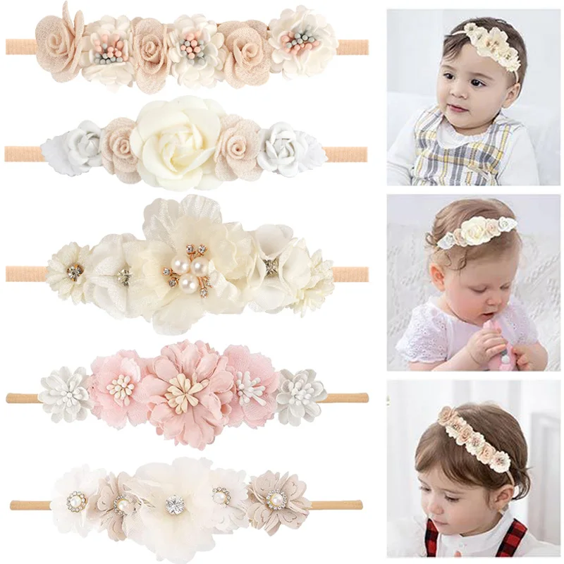 Baby Girl Headband Newborn Elastic Flower Toddler Hair Band Kids Headwear Nylon Girls Soft Hairbands Children Hair Accessories toddler baby girl kids nylon headbands corduroy hair bows elastic bands hairbands accessories headwear