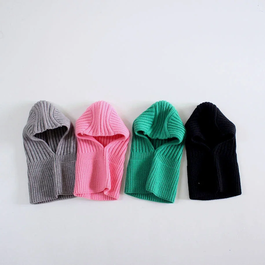 Knitted Baby Hat Hooded Scarf Warm Solid Color One Piece Scarf Winter Kids Toddler Boys Girls Hats 1