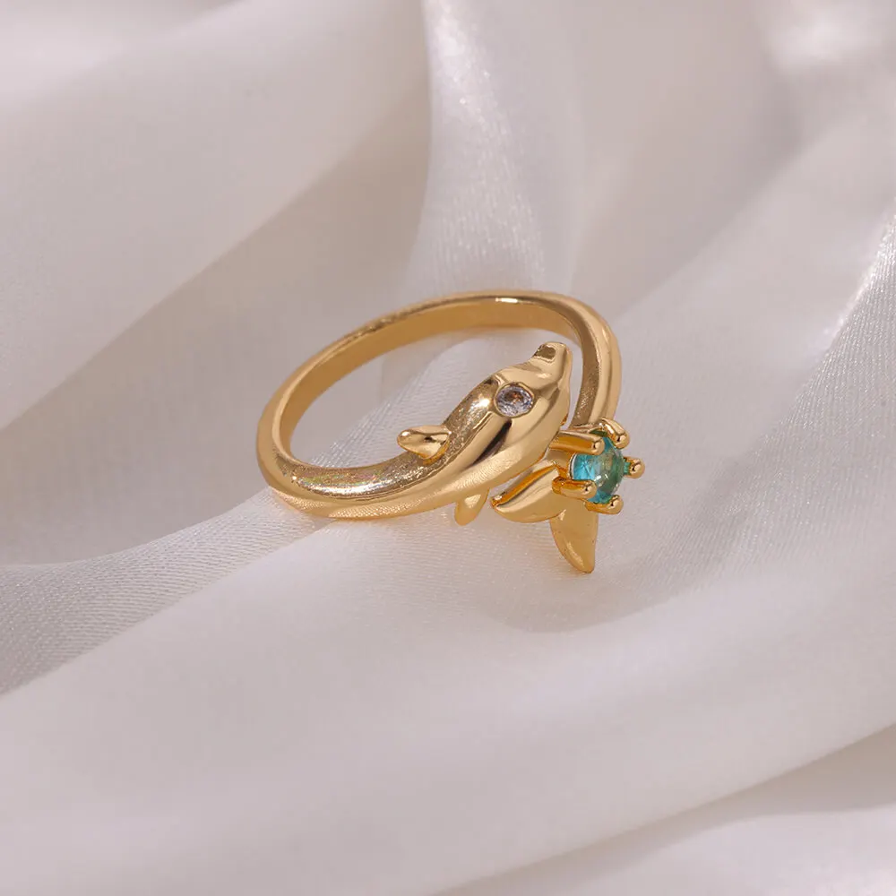 Stainless Steel Dolphin Zircon Open Rings For Women Gold Color