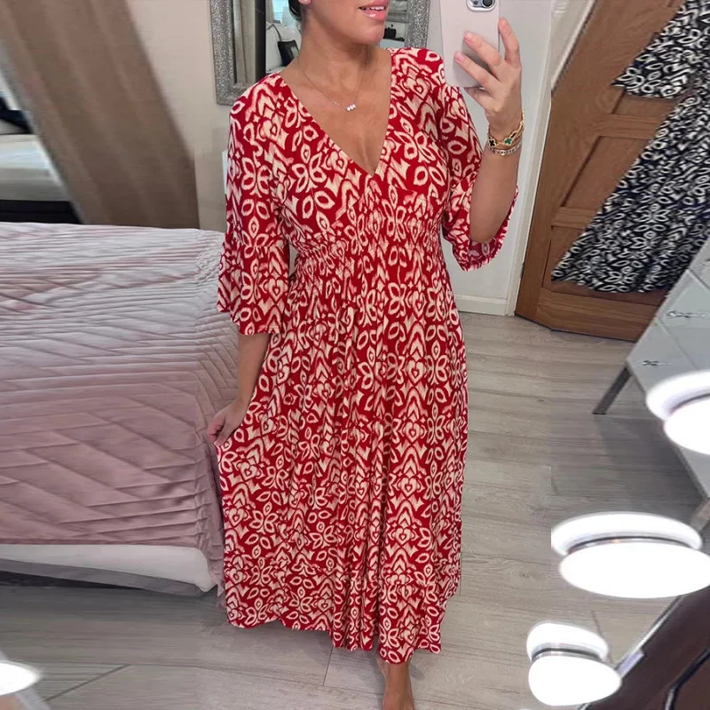 

Summer Elastic Waist Long Dress 2023 Casual V-neck Short Sleeve Loose Party Dress Women Pattern Printed Bohemian Beach Dress