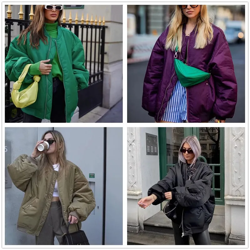 Autumn Fashion Women Oversized Bomber Jackets Female New Zippers Pockets Stand Collar Padded Coats Chic Outerwear