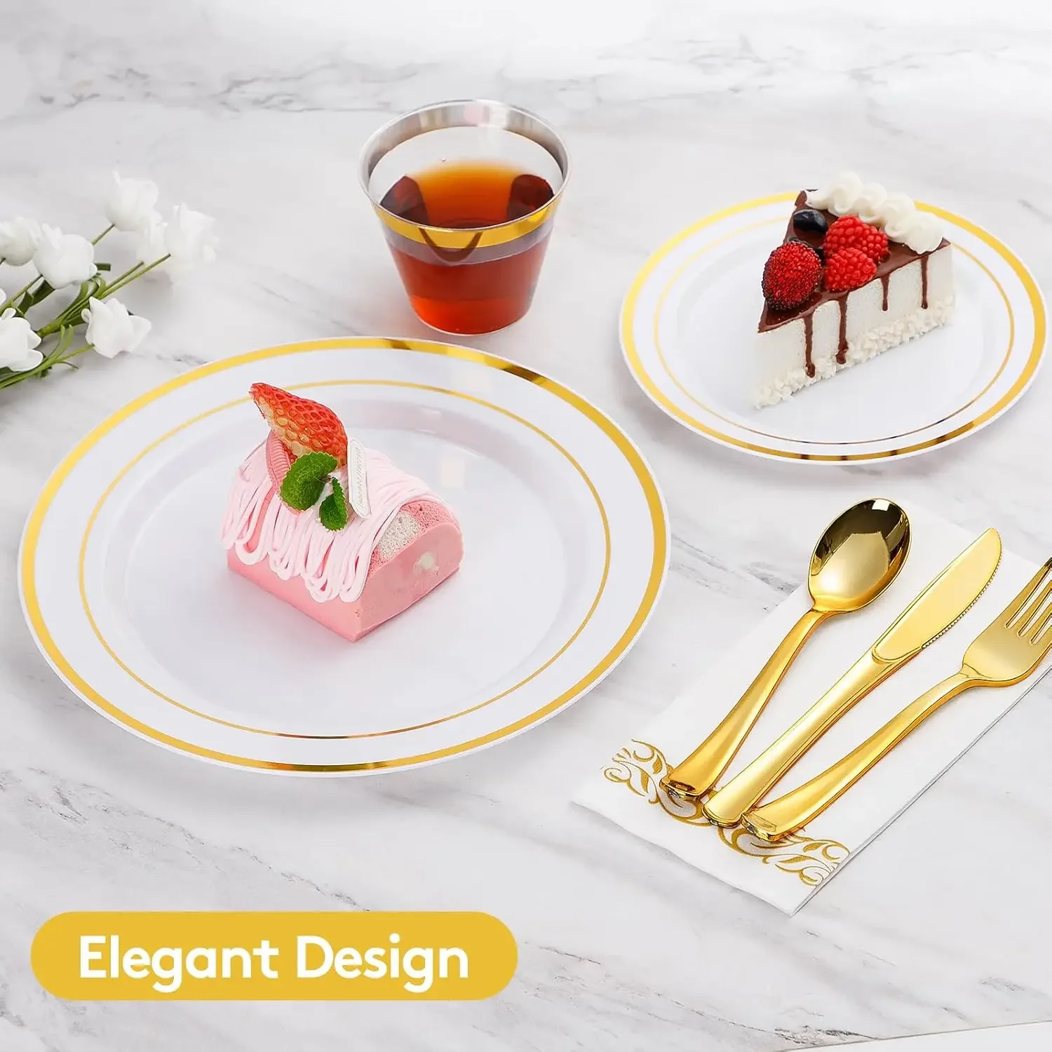 700 Piece Gold Dinnerware Set for 100 Guests Disposable for Party Include Gold Rim Dinner Plates Dessert Plates Paper Napkins