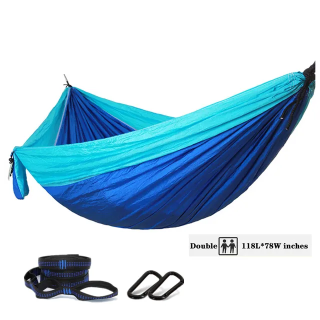 Oversized Double Camping Hammock,Portable Tree Straps Hammock ,210T Nylon Travel Hammock, Lightweight Parachute Hammocks Light blue and blue