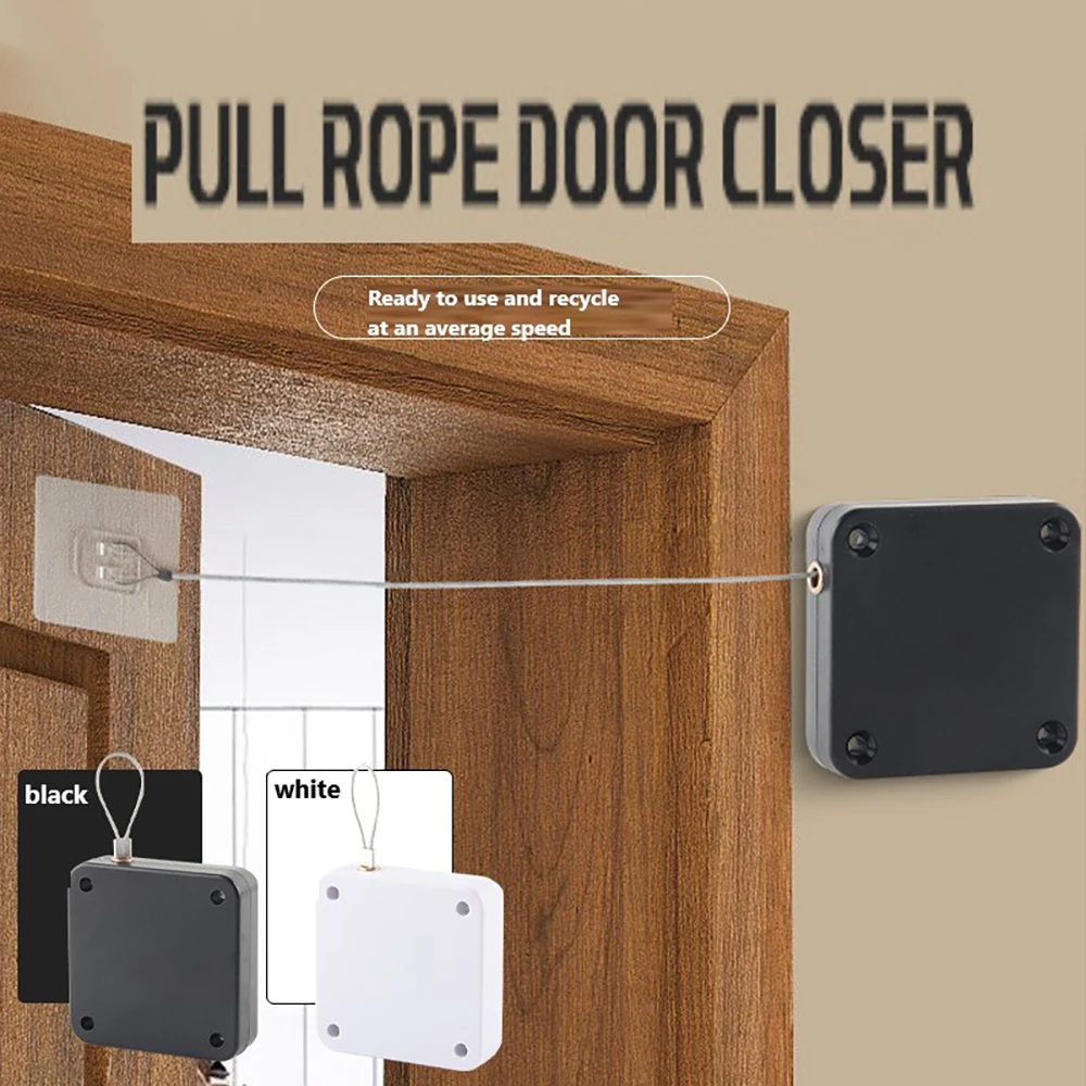 อุปกรณ์ปิดประตูอัตโนมัติแบบดึงเชือก ไม่ต้องเจาะ สำหรับประตูบานเลื่อนแบบยืดหดได้ สีดำขาว 1