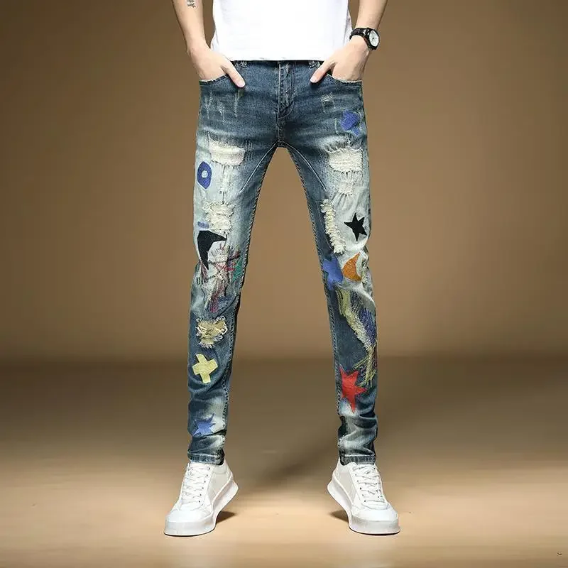 New Spring Autumn Washed Cowboy Patchwork Ripped Hole Hip-hop Embroidery Scratch Beggar Korean Cargo Slim Luxury Male Trousers
