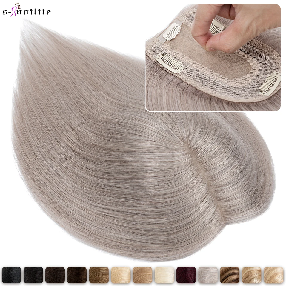 S-noilite 7x13cm Hair Toppers Human Hair For Women Natural Hair Topper Wigs Women Topper Silk Base Hair Clip In Hair Extensions