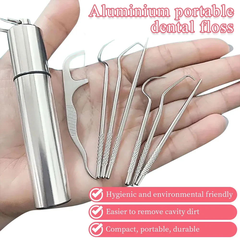 7pcs/set Aluminum Toothpick Set Tooth Flossing Reusable Toothpicks Portable Toothpick Floss Teeth Cleaner Oral Cleaning toothpick set