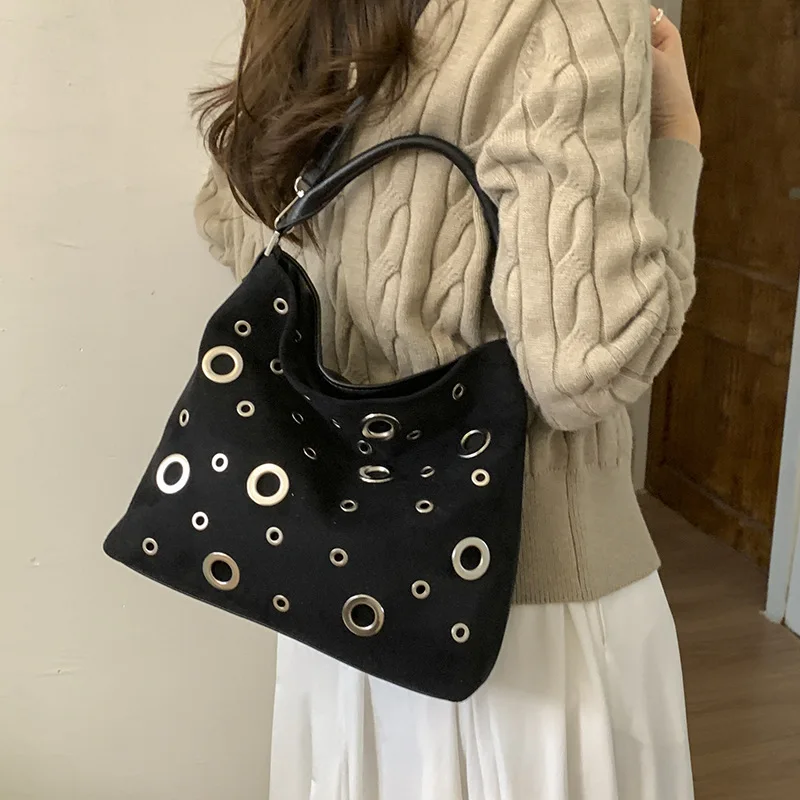 New High-end Luxury Literary Style Shoulder Bag Imitation Suede Texture Rivet Shoulder Bag Work Commuting Dating Hollow Handbag