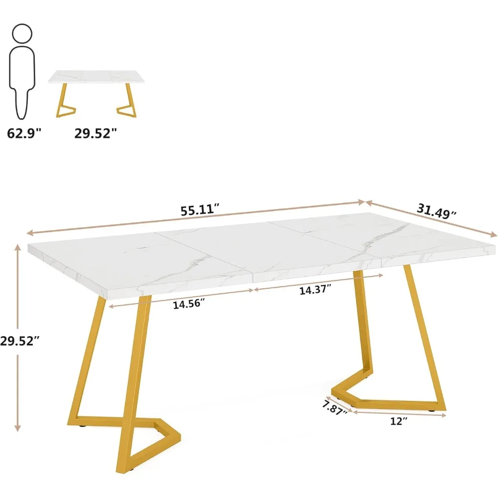 Gold Dining Dinner Table: 55 Inches Modern White Dining Room Table with Golden Legs, Faux Marble Small Kitchen Table 2