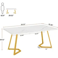 Gold Dining Dinner Table: 55 Inches Modern White Dining Room Table with Golden Legs, Faux Marble Small Kitchen Table 2