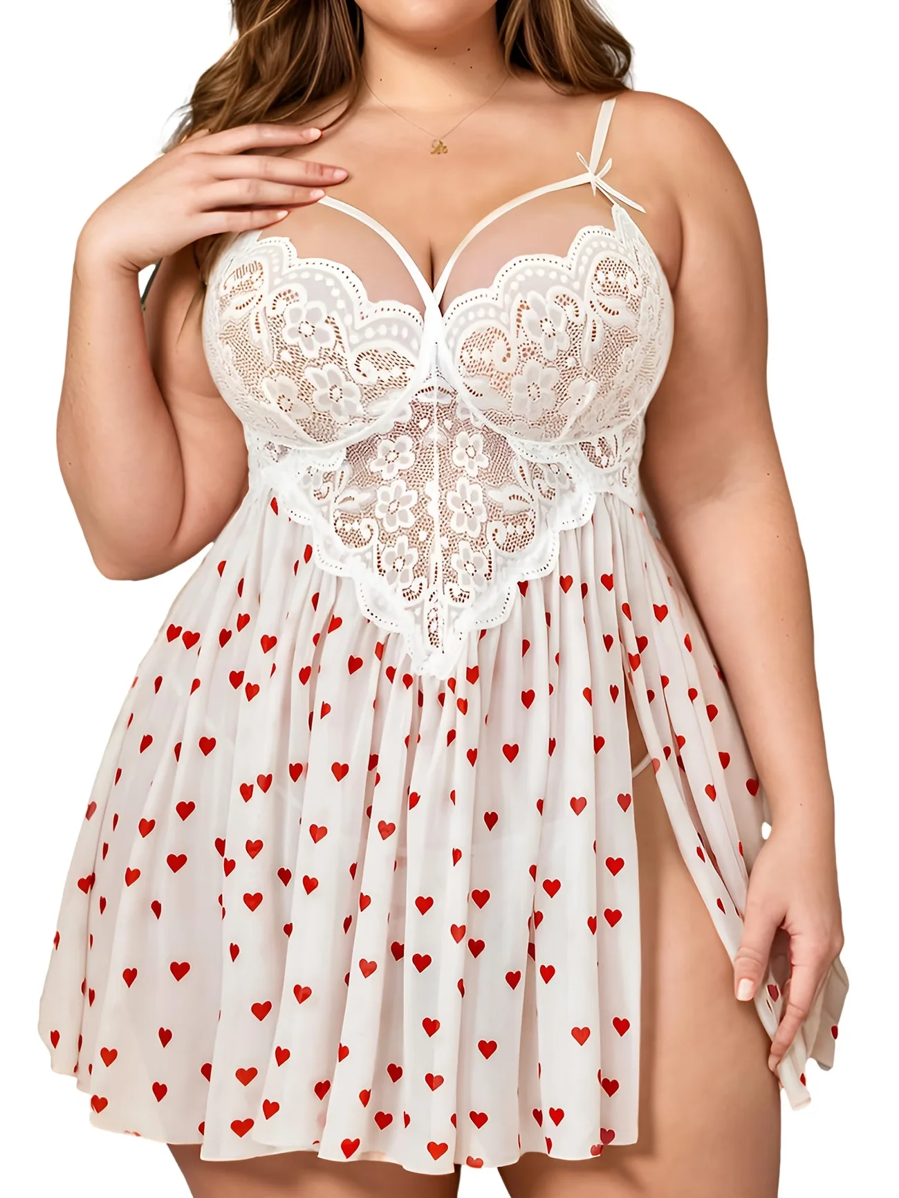 Red heart print detail on soft white mesh with feminine flowing shape