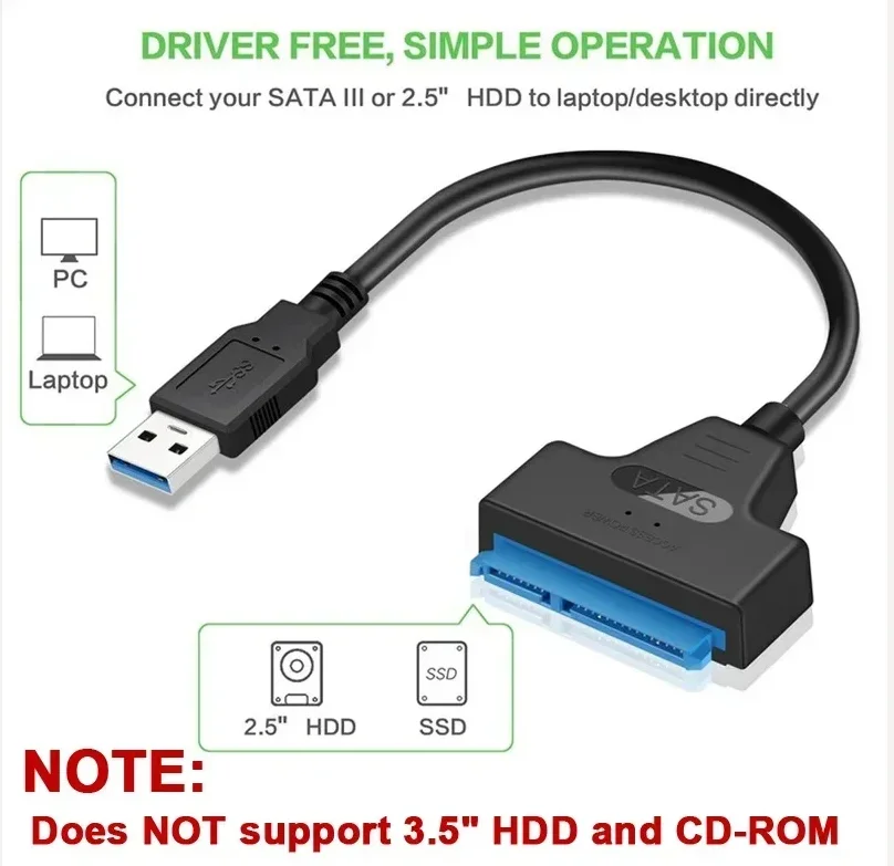 SATA To USB 3.0 / 2.0 Cable Adapter For 2.5 Inch External HDD SSD Hard Drive SATA 3 22 Pin Up to 6 Gbp