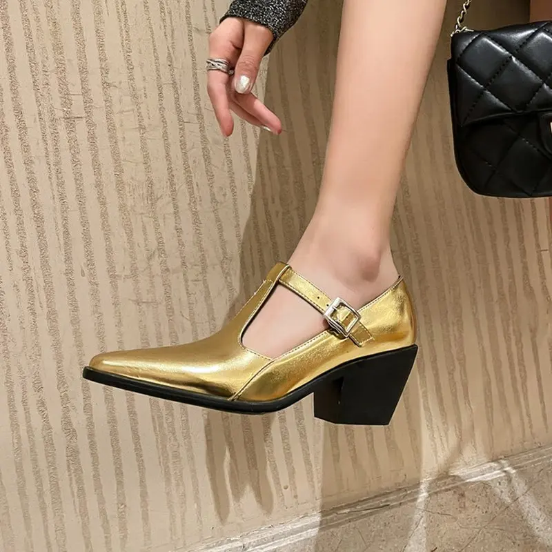 REAVE CAT 2024 New Women Pumps Pointed Toe 6cm Square Heel T Strap Brand Design Big Size 40 41 42 43 44 45 46 Gold Silver Black