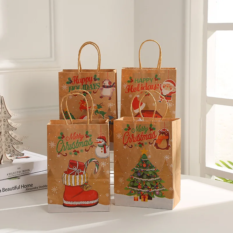 Merry Christmas Gift Bag Thicken Kraft Paper Tote Bags Xmas Series Print Candy Cookie Pouch Holiday Packaging Wrapping Supplies