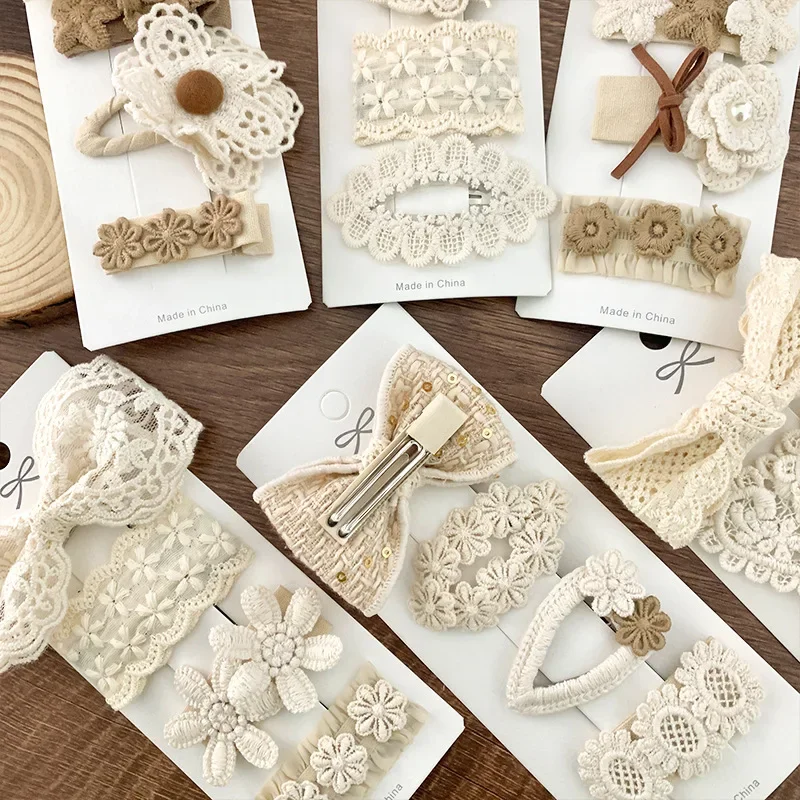 4pcs/set Baby Korean Beige Series Kids Girls Hair Clip Aesthctic Lace Floral Bow Hair Pin for Little Girls Bows Hair Accessories