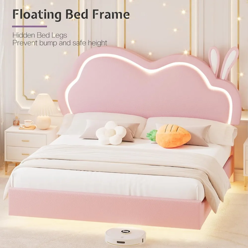 LED Queen Bed Frame for Girls Upholstered Floating Bed with Cute Cloud Headboard, No Box Spring Needed, Leather, Pink 5