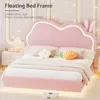 LED Queen Bed Frame for Girls Upholstered Floating Bed with Cute Cloud Headboard, No Box Spring Needed, Leather, Pink 5