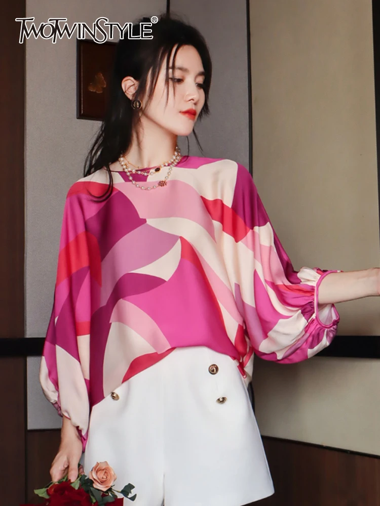 

TWOTWINSTYLE Casual Printing T Shirts For Women O Neck Lantern Sleeve Patchwork Folds Loose Elegant T Shirt Female Clothing 2023