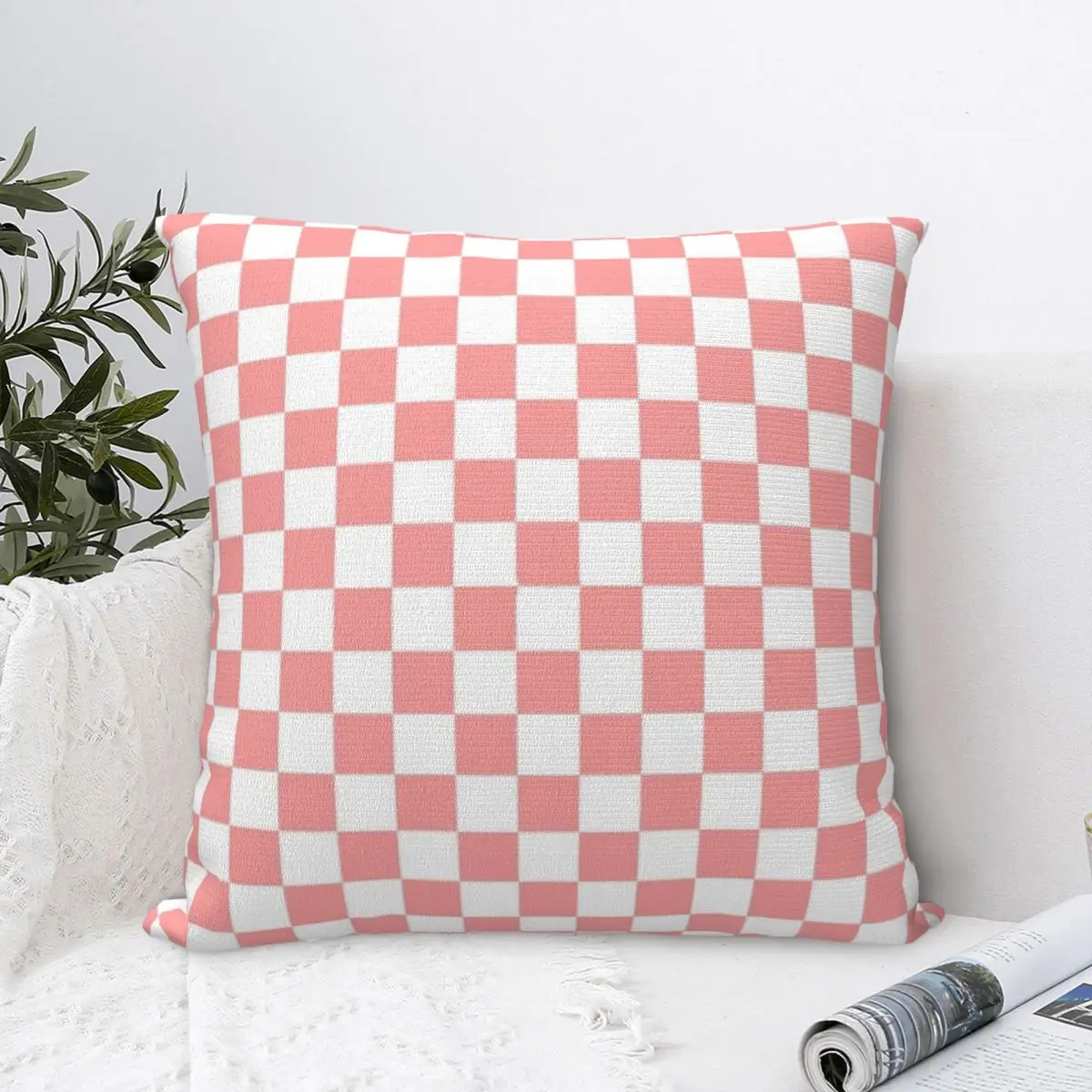 

Checkered Pattern Pastel Pink X White Square Pillowcase Polyester Pillow Cover Velvet Cushion Decorative Comfort Throw Pillow