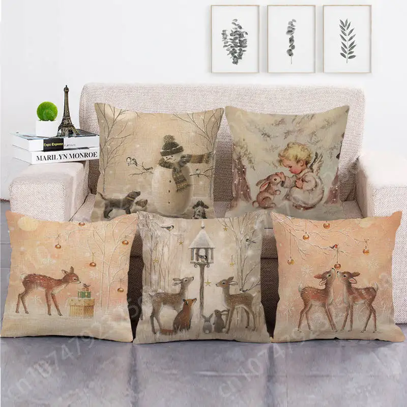 

Christmas Elk Tree Pillow Case 45x45cm Peachskin Cushions for Sofa Car Room Pillowcase Home Decoration Pillowslip Gift Custom Ok