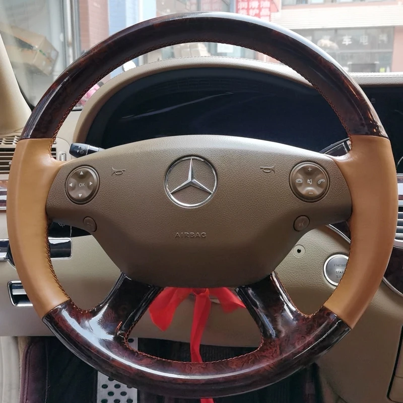 

Car Steering Wheel Cover For Mercedes Benz S-Class W221 CL-Class C216 2006-2010 Hand-stitched Genuine Leather Peach Wood Grain