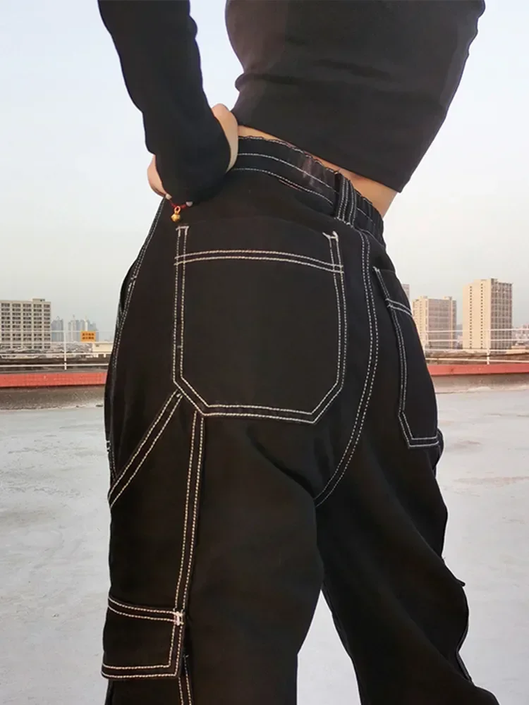 Weekeep Pockets Patchwork Baggy Jeans Fashion Streetwear 100% Cotton Women Denim Trouser Loose Cargo Pants Korean Autumn Winter