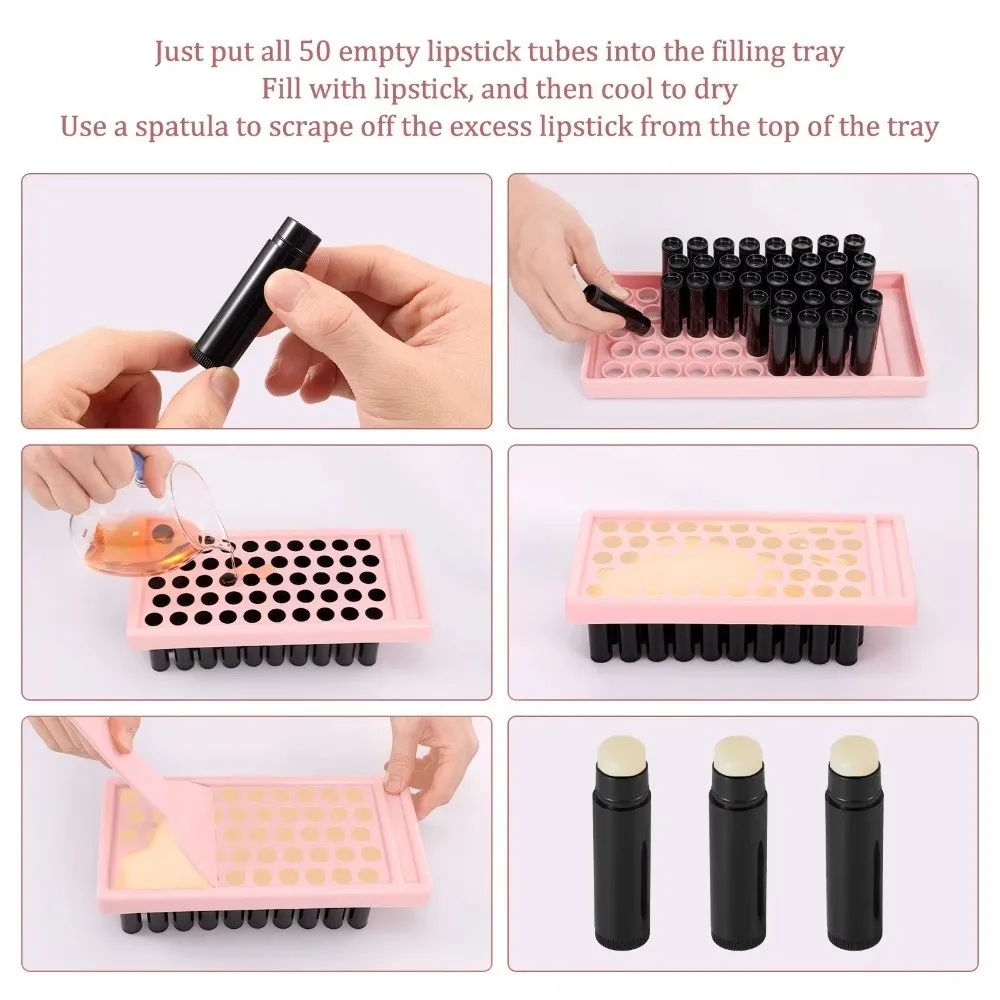 50개 5g 빈 립스틱 튜브 트위스트 업 빈 DIY 수제 립밤 플라스틱 충전 트레이 포함 립밤 제작 키트