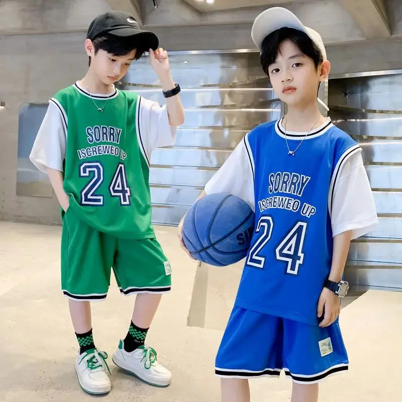

Children's Clothing Set Summer Boys and Girls Short Sleeve T-shirt Shorts 2 Piece Set New Thin Sports and Casual Basketball Suit
