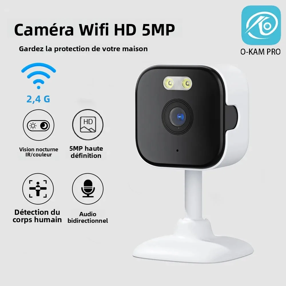 Caméra de sécurité Wifi HD 5MP Mini caméra de surveillance intérieure pour la maison Vision nocturne Audio bidirectionnel Détection humaine O-KAM 2MP IP CAM