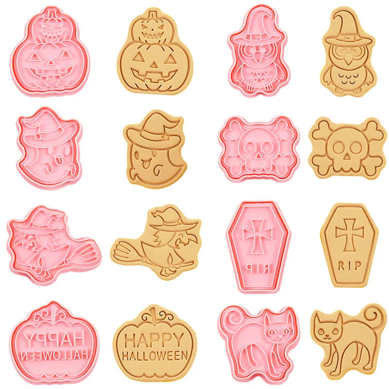 

8Pcs Halloween Plastic Cookie Mold Biscuit Cutter 3D Cartoon Pumpkin Ghost Cookie Mold Stamp Kitchen Baking Pastry Bakeware Tool