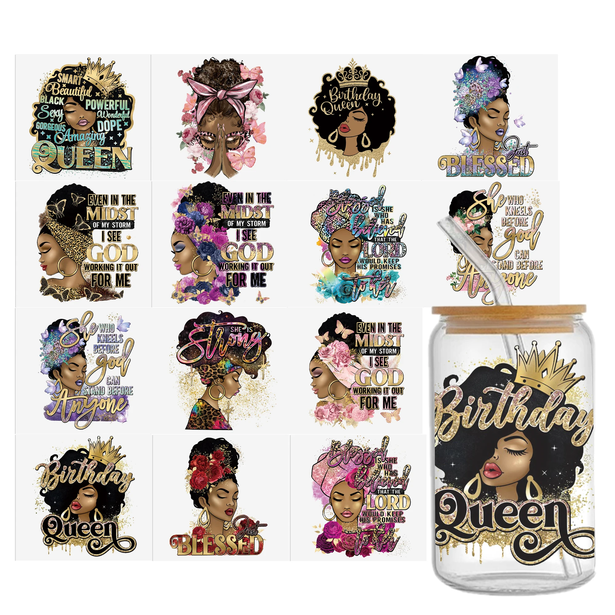 Black Girls UV DTF Sticker For 16oz Cups Wrap Transfer Sticker Labels DIY Selfadhesive Waterproof