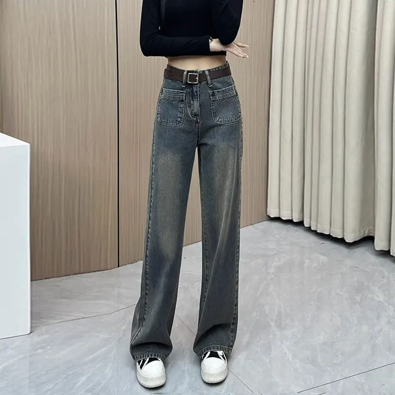 

2024 New Wide Leg Pants Jeans Women's High Waisted Loose Pocket Straight Full Length Denim Pant Femme Baggy Pantalones De Mujer