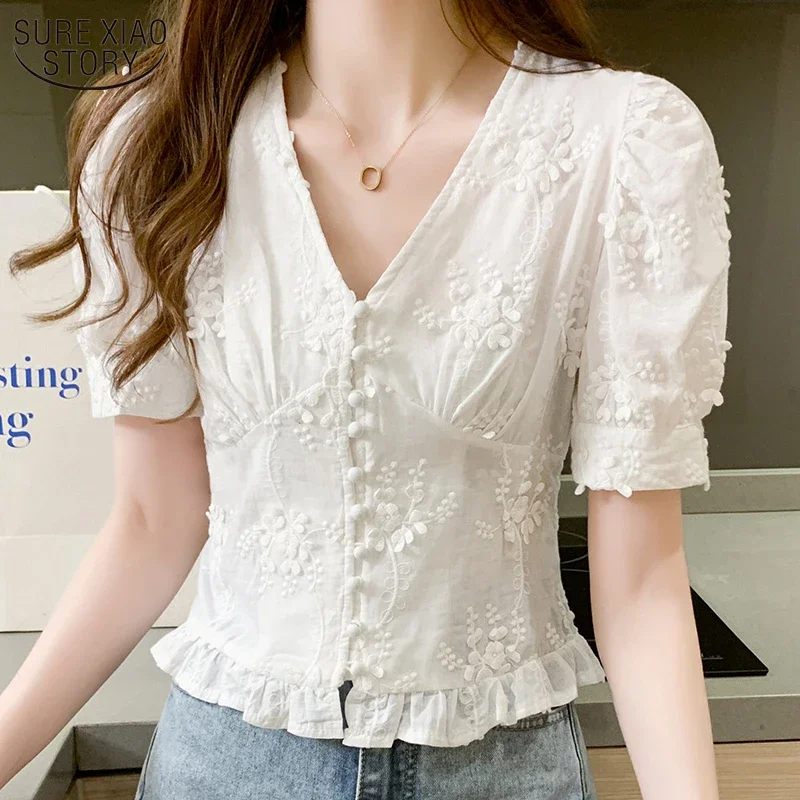 Sweet-White-Lace-Tops-Women-Casual-Puff-Short-Sleeve-V-neck-Embroidered ...