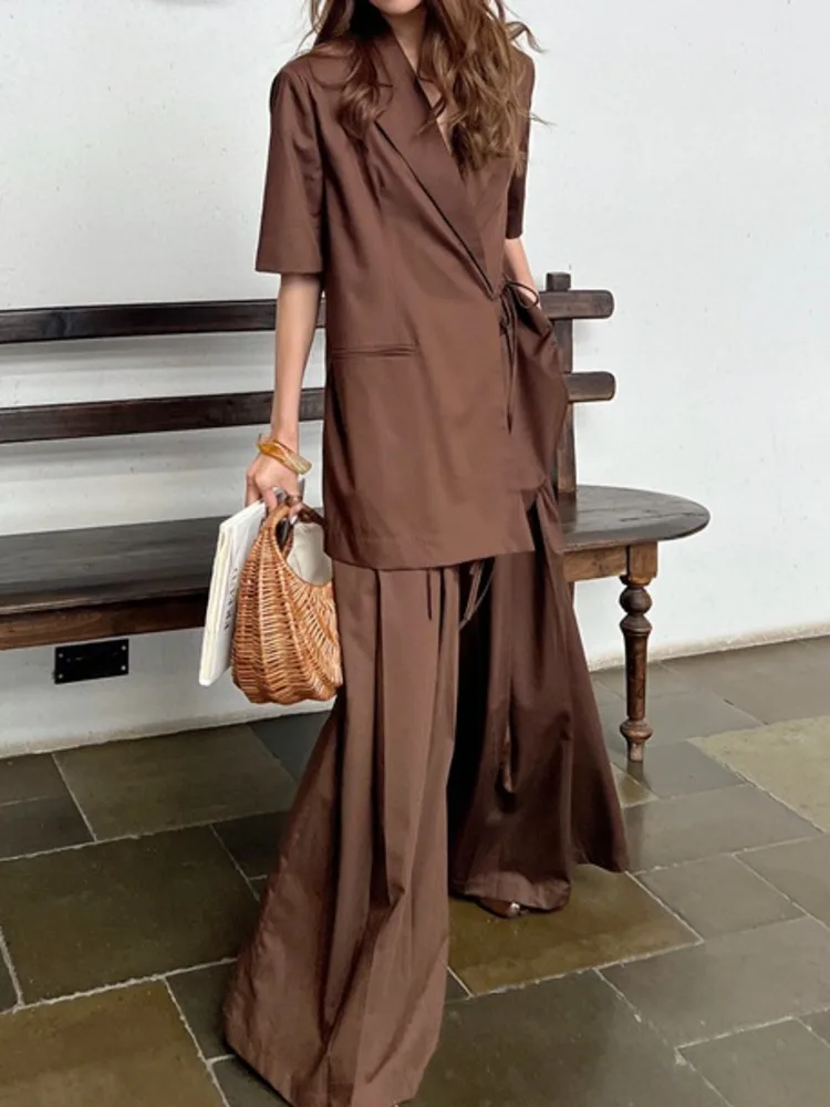 [LANMREM] Lace-up Gathered Waist Short Sleeve Blazers For Women Office Lady Loose Jackets Fashion Coats 2024 Summer New 26D9375