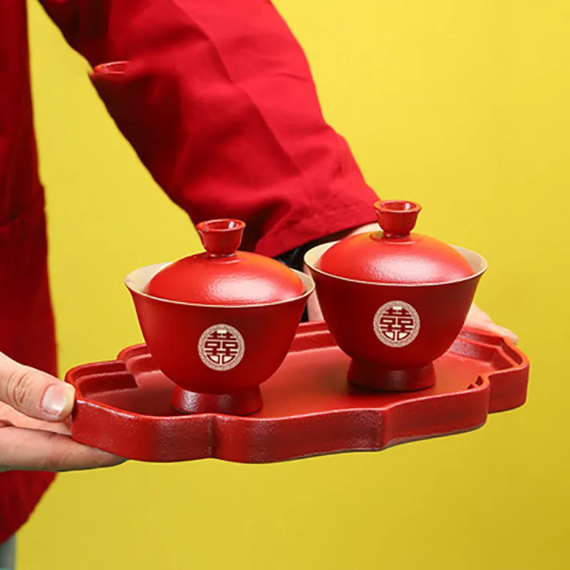 Chinese Red Wedding Gaiwan Tea Cups and Saucer Sets, Ceramic Teaware, Kung Fu Puer Ceremony, Luxury Souvenir Gifts