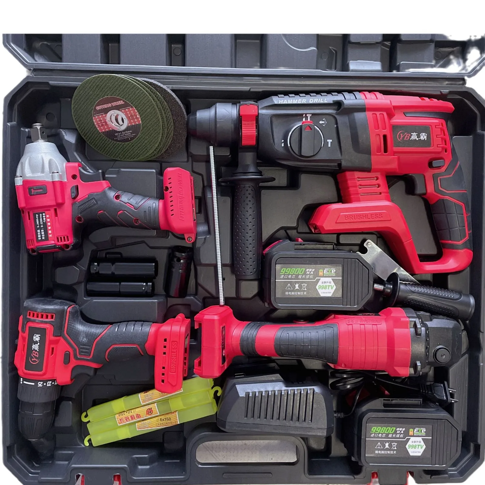 YyhcTool Box[Four-piece Set] Rechargeable Lithium Battery Electric Hammer Angle Grinder Cutting Machine Electric Drill Electric 5