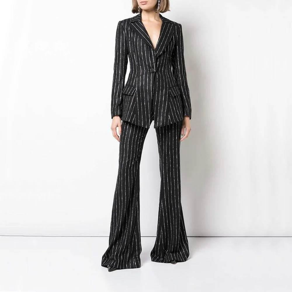 Women's Suit Two Piece Set Woman Two Pieces Casual Elegant Woman Suits Sets Elegant Pants and Blouse Set Striped single button