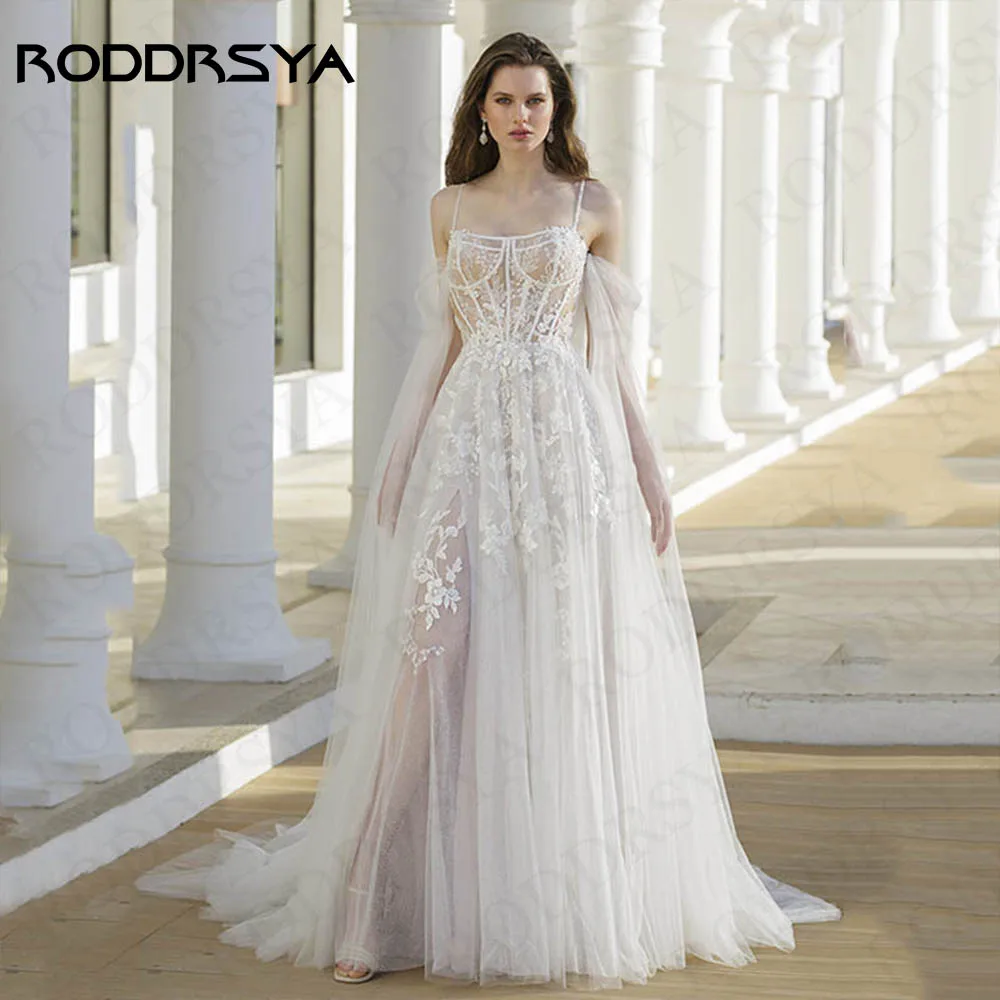 

RODDRSYA Detachable Sleeves Split Boho Wedding Dress Beach Tulle Bride A Line Lace Applique Boat Neck Illusion Vestidos De Novia