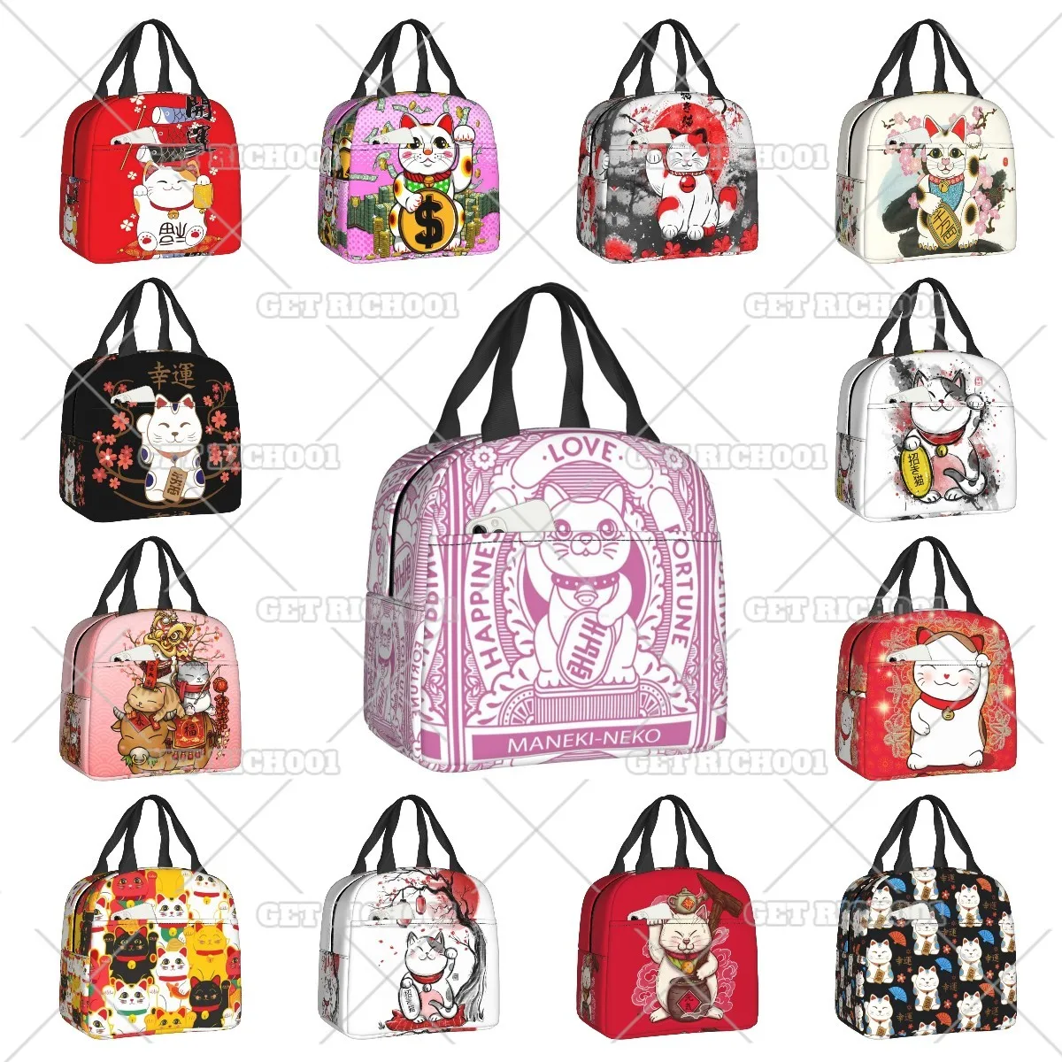 

Maneki Neko Lucky Cat Insulated Lunch Bag for Women Portable Lucky Fortune Cat Thermal Cooler Bento Box Beach Camping Travel