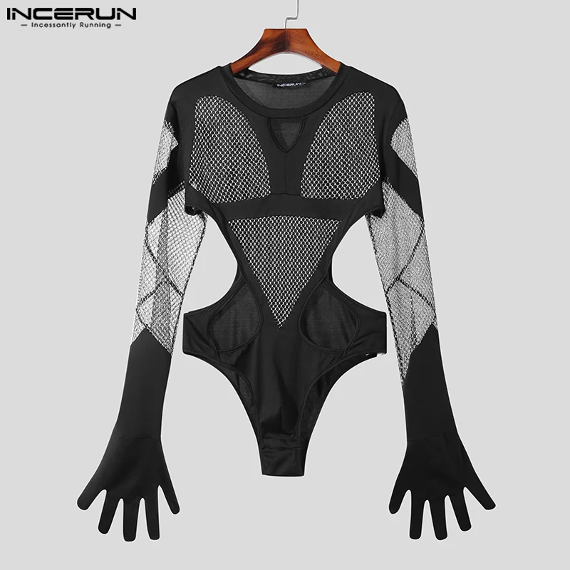 Men Bodysuits Mesh Patchwork Transparent Gloves Hollow Out Rompers Male T Shirts O-neck Long Sleeve Bodysuit S-5XL INCERUN