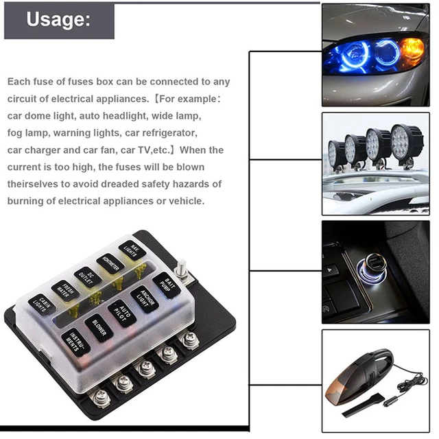 10 voies boîte à fusibles de voiture porte-fusible camion boîte à fusibles  à lame automatique bornier 12V 32V ATO Circuit Standard pour bateau marin