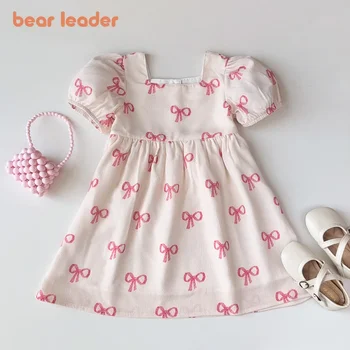 Bear Leader Short Sleeved Girls Clothing Summer New Bow Print Casual Dresses Sweet and Cute Kids Clothes for 3-7 Years Wear 1