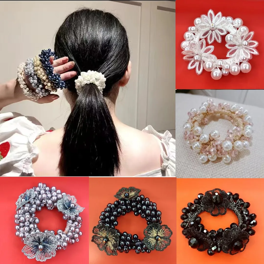 Zou 국화 꽃 크리스탈 L 헤어 타이, 고탄성 고무 밴드, 손으로 짠 여성 액세서리, 신상 진주 헤어 액세서리