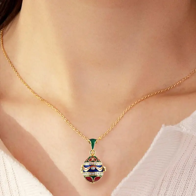 Enamel HandMade Jewelry Can Open Brass Vintage Egg Pendant Crystal Necklace Gift To Women Girls Apple Inside Christmas 2