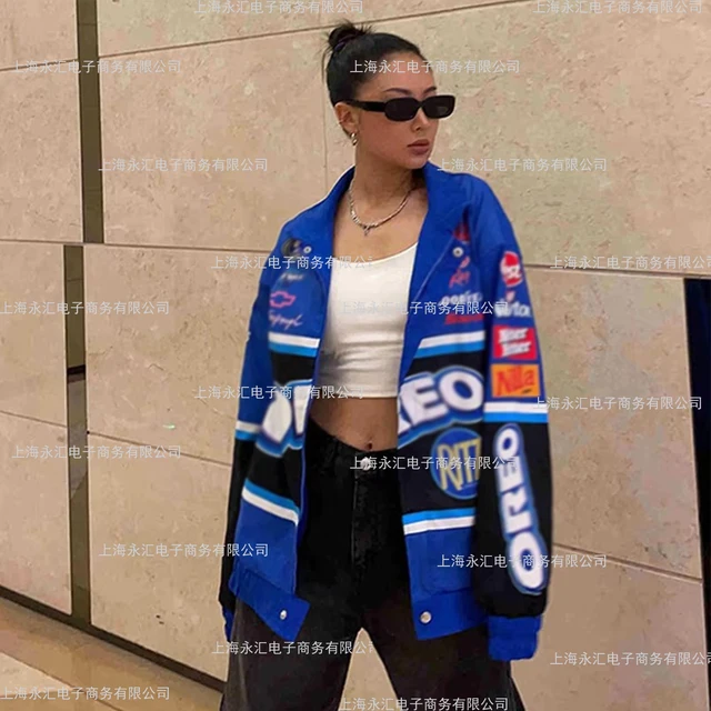 Autumn Winter Neutral Jacket Sport Street Embroidery Print Blue Loose Casual Long Sleeved Windproof Warm Motorcycle Wind Jacket