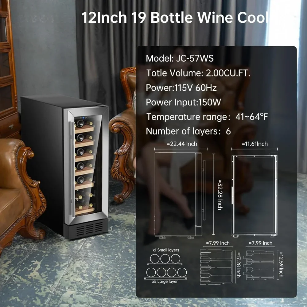 Wine Cooler Refrigerator Professional Compressor, 12 Inch Stainless Steel & Tempered Glass For Red Wine 4