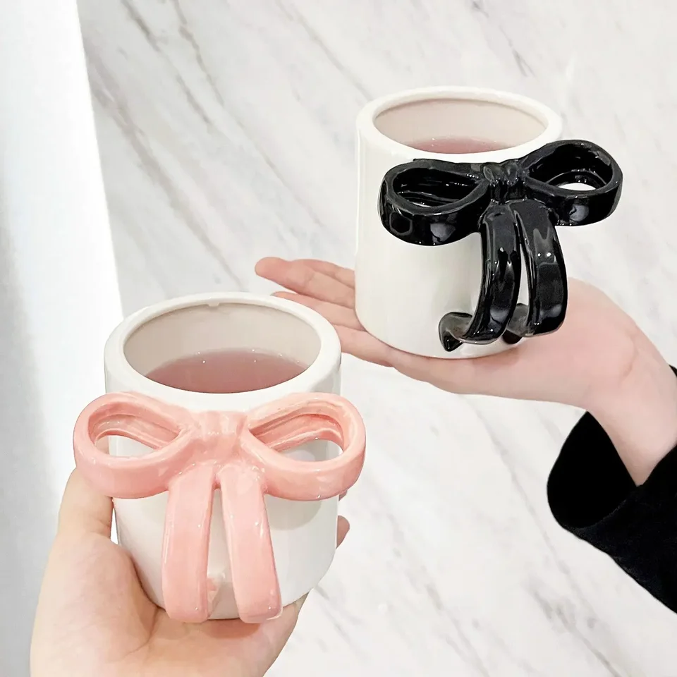Ceramic Coffee Mug With Pink Bow Handle – Cute 14.88oz Mug For Women & Girls