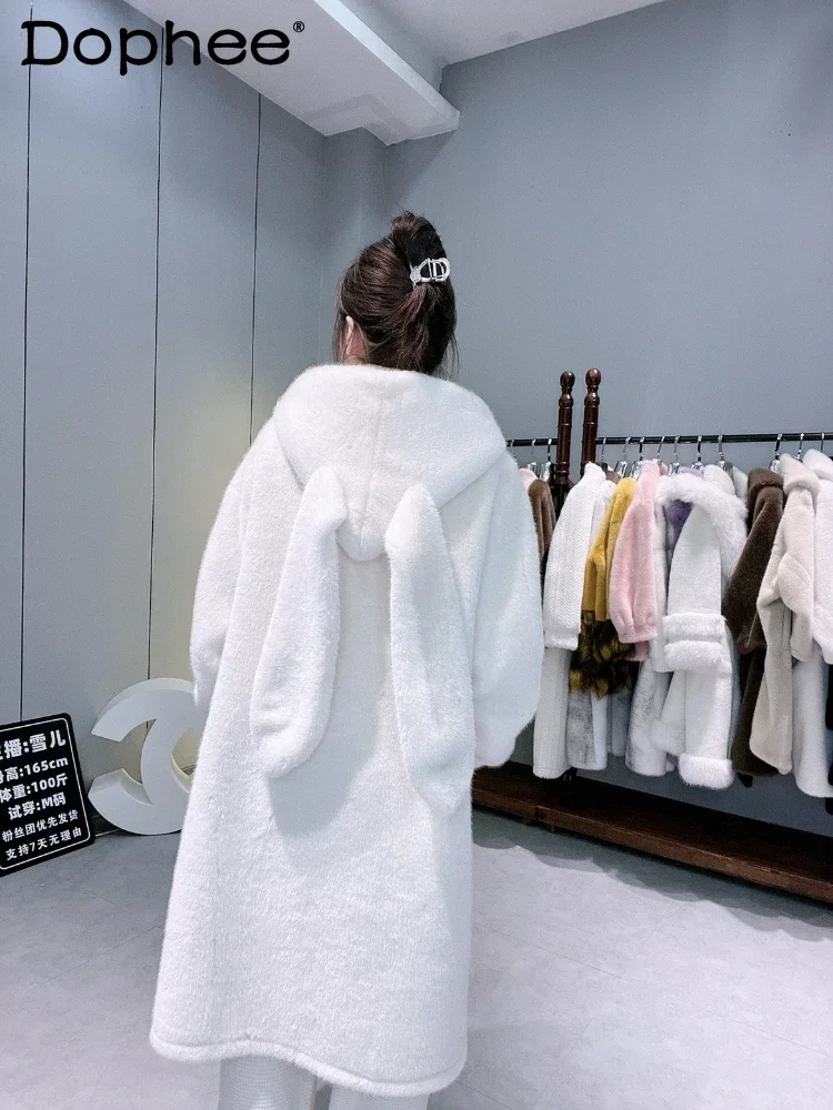

Korean Style Rabbit Ears Mink Thickened Warm Pure Color Age-Reducing Faux Fur Coat 2023 Winter New Cute Leather Fur Coat Women